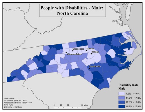Map of NC showing rates of disability among males. Text description on page. 