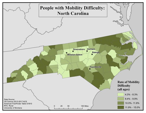 Map of NC showing rates of mobility difficulty. Text description on page.