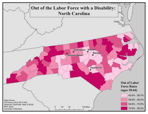 Map of NC showing rates of people with disability out of labor force. Text description on page.