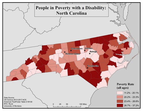 Map of NC showing rates of people with disabilities in poverty. Text description on page.