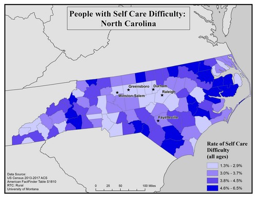 Map of NC showing rates of self-care difficulty. Text description on page.