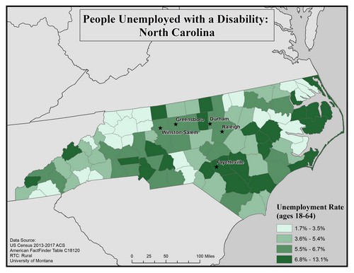 Map of NC showing rates of unemployment for people with disabilities. Text description on page.