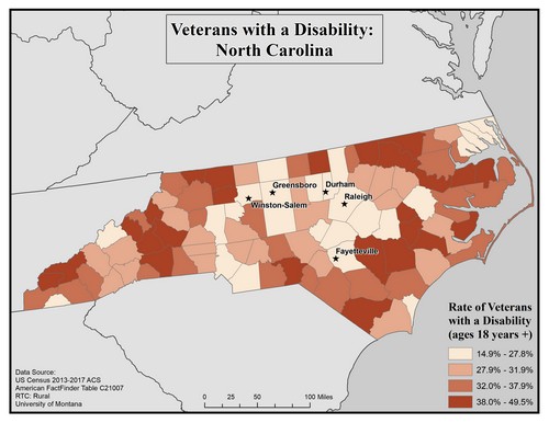 Map of NC showing rates of veterans with disability. Text description on page.
