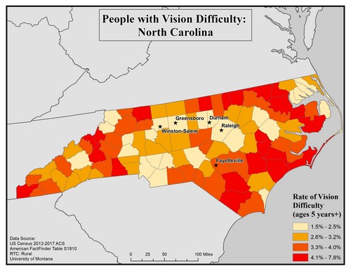 Map of NC showing rates of vision difficulty by county. Text description on page.