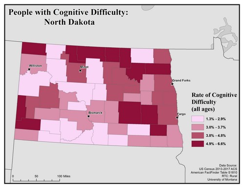 Map of ND showing rates of cognitive difficulty. Text description on page.