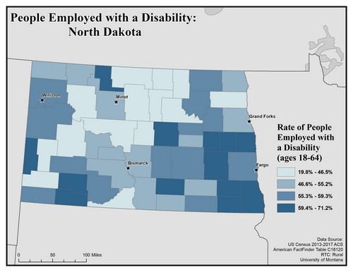 Map of ND showing rates of people with disability employed. Text description on page.