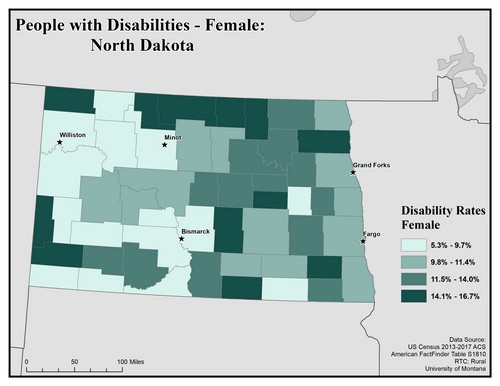 Map of ND showing rates of disability among females. Text description on page. 