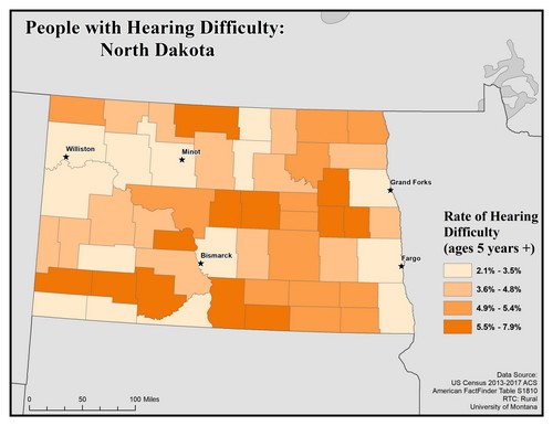 Map of ND showing rates of hearing impairment by county. Text description on page. 