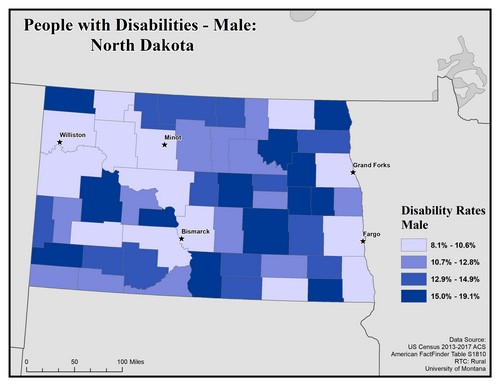 Map of ND showing rates of disability among males. Text description on page. 