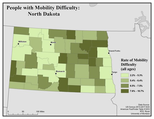 Map of ND showing rates of mobility difficulty. Text description on page.