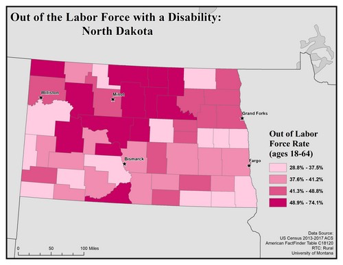 Map of ND showing rates of people with disability out of labor force. Text description on page.