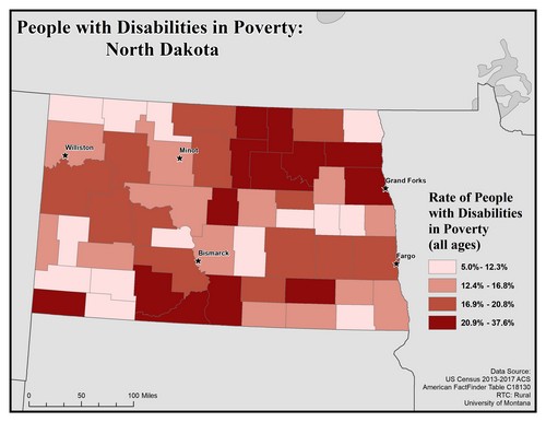 Map of ND showing rates of people with disabilities in poverty. Text description on page.