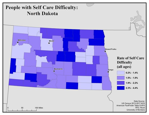 Map of ND showing rates of self-care difficulty. Text description on page.