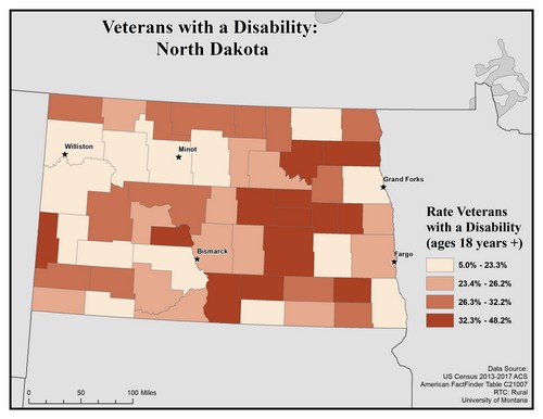 Map of ND showing rates of veterans with disability. Text description on page.