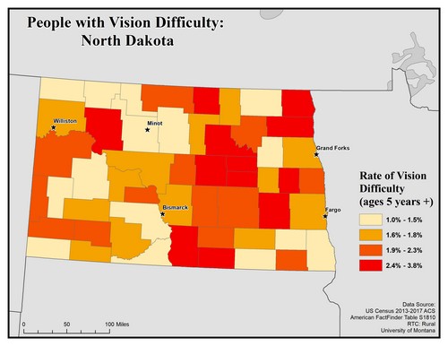 Map of ND showing rates of vision difficulty by county. Text description on page.