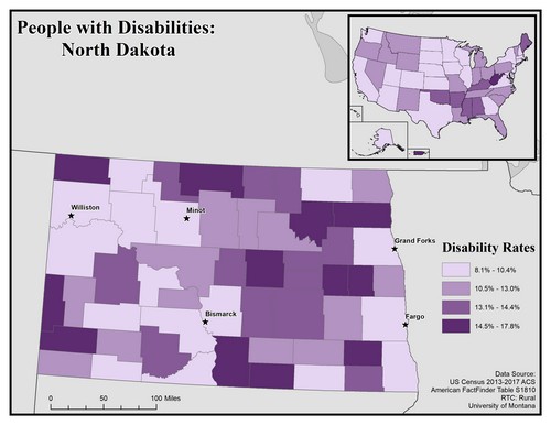 map of ND showing disability rate by county. Text description on page. 