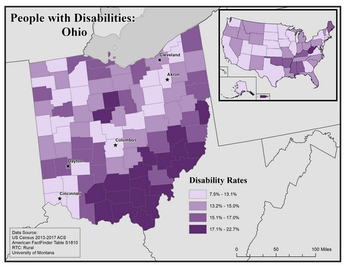 map of OH showing disability rate by county. Text description on page. 