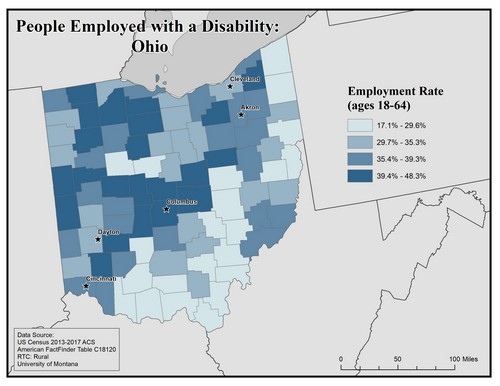 Map of OH showing rates of people with disability employed. Text description on page.