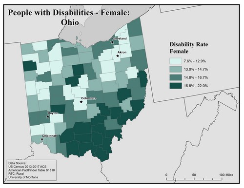 Map of OH showing rates of disability among females. Text description on page. 