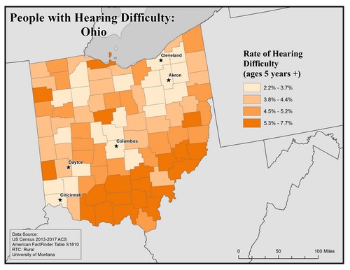 Map of OH showing rates of hearing impairment by county. Text description on page. 