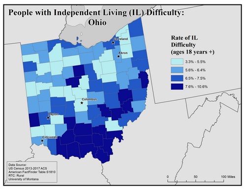Map of OH showing rates of IL difficulty. Text description on page.
