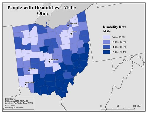 Map of OH showing rates of disability among males. Text description on page. 