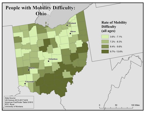Map of OH showing rates of mobility difficulty. Text description on page.