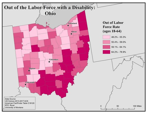 Map of OH showing rates of people with disability out of labor force. Text description on page.