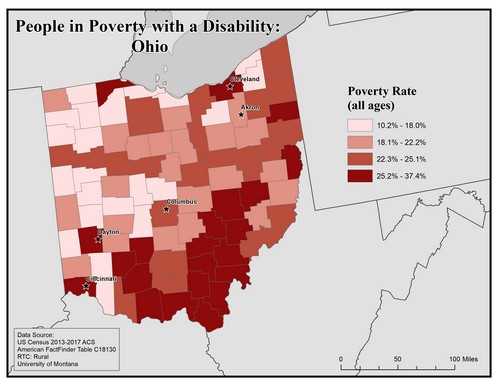 Map of OH showing rates of people with disabilities in poverty. Text description on page.