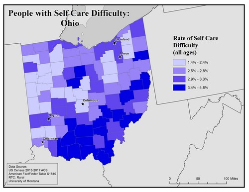 Map of OH showing rates of self-care difficulty. Text description on page.