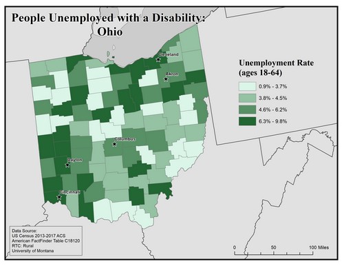 Map of OH showing rates of unemployment for people with disabilities. Text description on page.