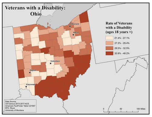 Map of OH showing rates of veterans with disability. Text description on page.