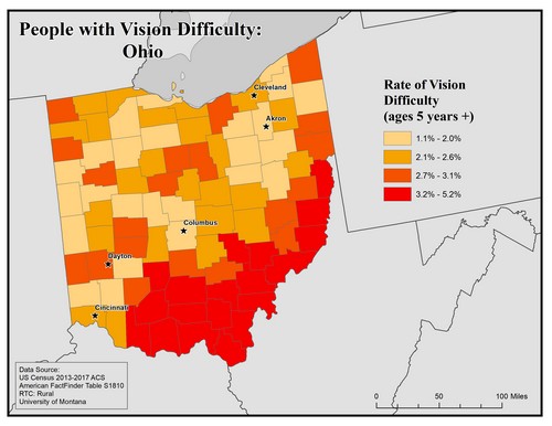 Map of OH showing rates of vision difficulty by county. Text description on page.