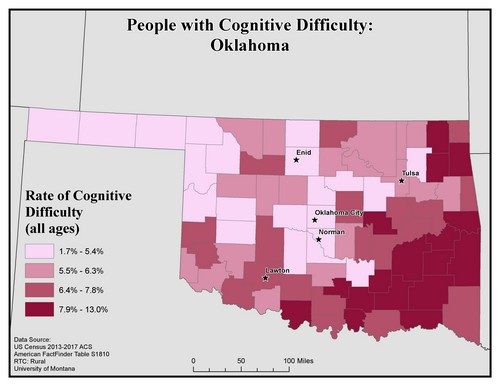 Map of OK showing rates of cognitive difficulty. Text description on page.