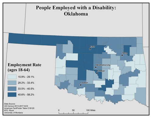 Map of OK showing rates of people with disability employed. Text description on page.