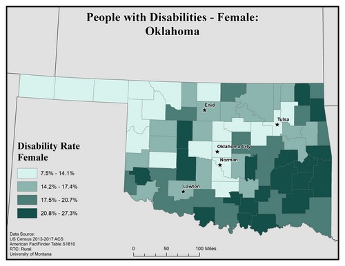 Map of OK showing rates of disability among females. Text description on page. 