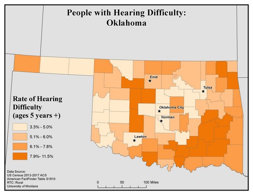 Map of OK showing rates of hearing impairment by county. Text description on page. 