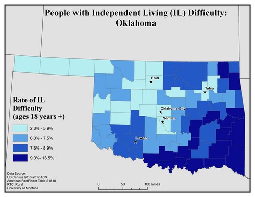 Map of OK showing rates of IL difficulty. Text description on page.