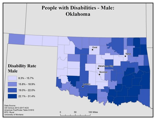 Map of OK showing rates of disability among males. Text description on page. 
