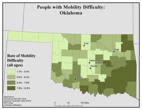 Map of OK showing rates of mobility difficulty. Text description on page.