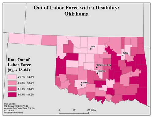 Map of OK showing rates of people with disability out of labor force. Text description on page.