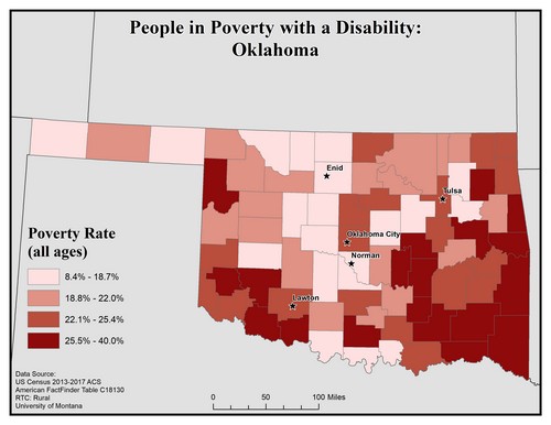 Map of OK showing rates of people with disabilities in poverty. Text description on page.