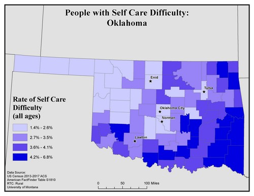 Map of LA showing rates of self-care difficulty. Text description on page.