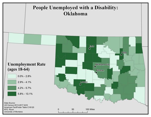 Map of OK showing rates of unemployment for people with disabilities. Text description on page.