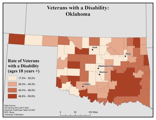 Map of OK showing rates of veterans with disability. Text description on page.