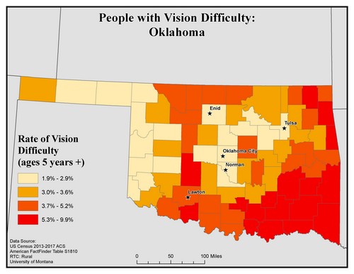 Map of OK showing rates of vision difficulty by county. Text description on page.