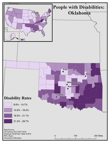 map of OK showing disability rate by county. Text description on page. 
