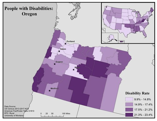 map of OR showing disability rate by county. Text description on page. 