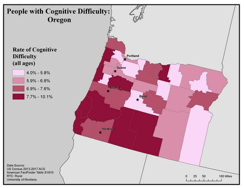 Map of OR showing rates of cognitive difficulty. Text description on page.