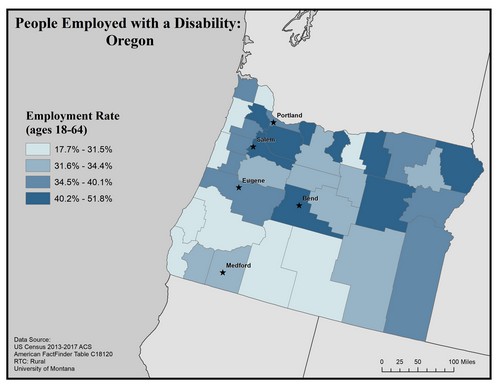 Map of OR showing rates of people with disability employed. Text description on page.